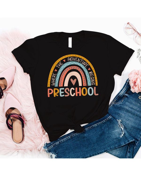 Boho Rainbow Preschool Where The Adventure Begins Teachers Shirt